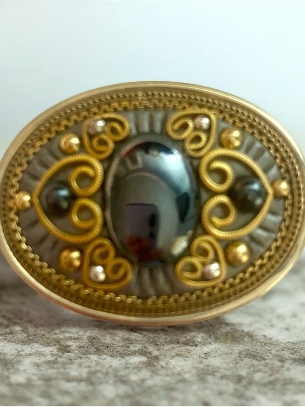 Vintage Michal Golan Gold Filigree Oval Hematite Center Statement Brooch 1.75"